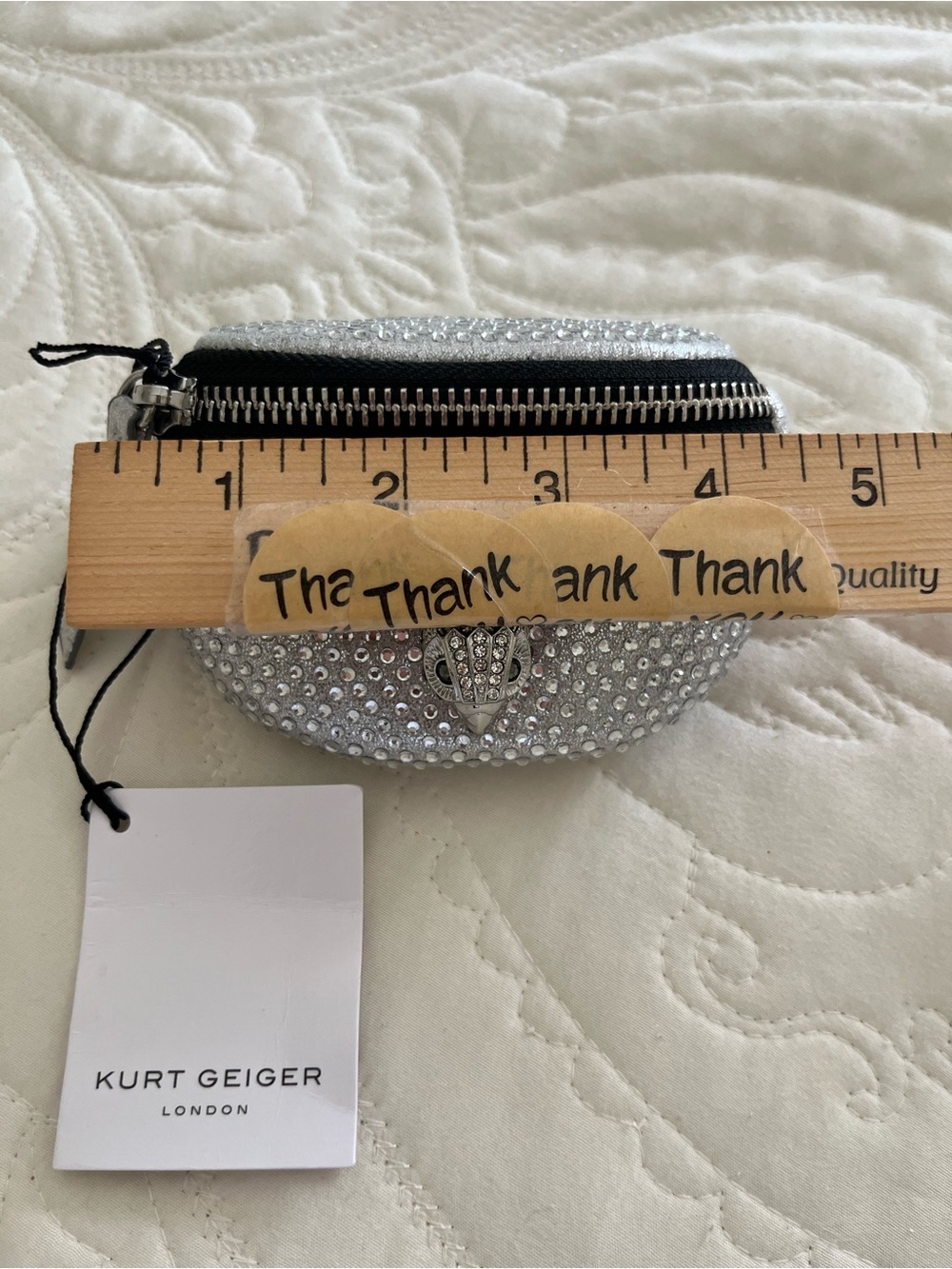 Kurt Geiger Silver Crystal Mini Coin Pouch Kensington Pebbled Faux Leather Wrist - Picture 7 of 7